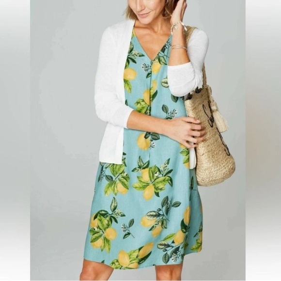J.Jill Love Linen Shift Dress Sz XL Lemon Print V Neck Beach Resort Vacation EUC - Picture 1 of 16